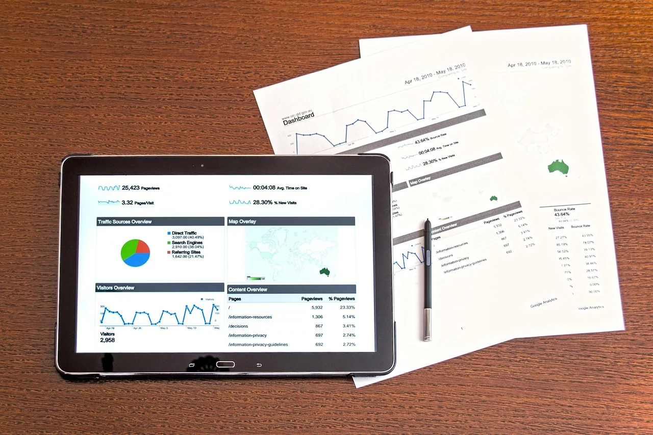 Tablet showing an ad performance report beside printed analytics charts and a pen Tablet showing an ad performance report beside printed analytics charts and a pen